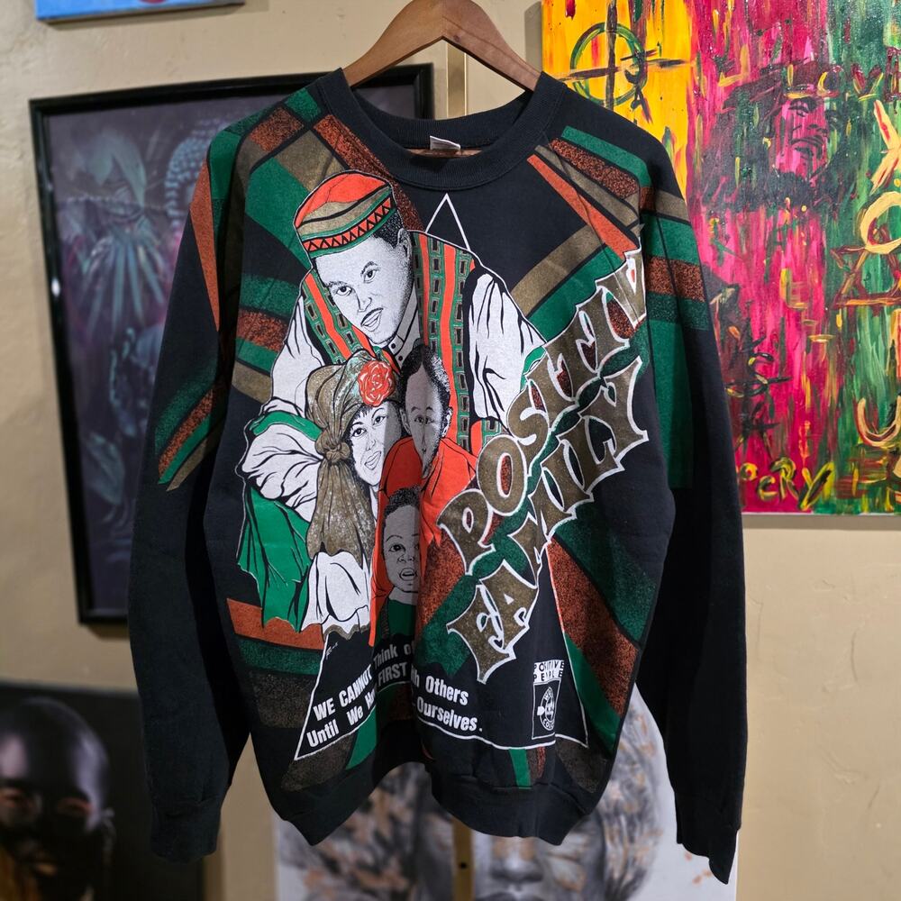 90s Kacy Colors Rare Black History Positive Family AOP Crew Neck Sweater Size XL